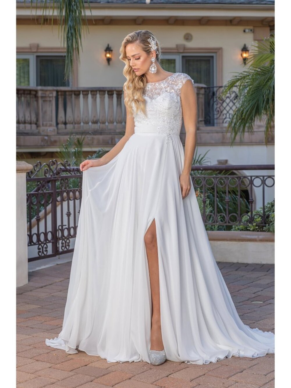 NEW OFF WHITE Lace Illusion Neckline Wedding Dress Floor Length 0249
